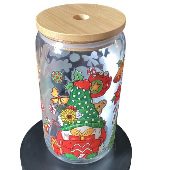 Handmade Dining New Gnome Christmas Glass Cup With Bamboo Lid And